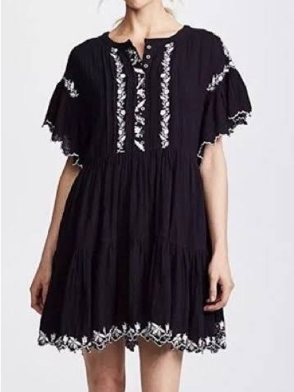 Free People Black Santiago Embroidered Black Short Sleeve Tiered Dress